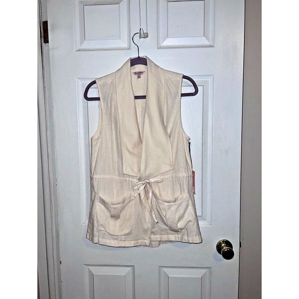 NWT JUICY COUTURE Vest Womens Ivory Linen Blend Cascade Front Pocket Sz S - Picture 2 of 12